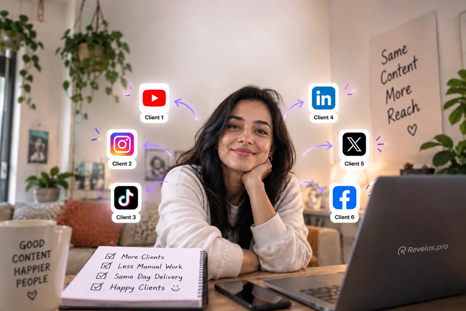 Social media manager reviewing clips on a laptop